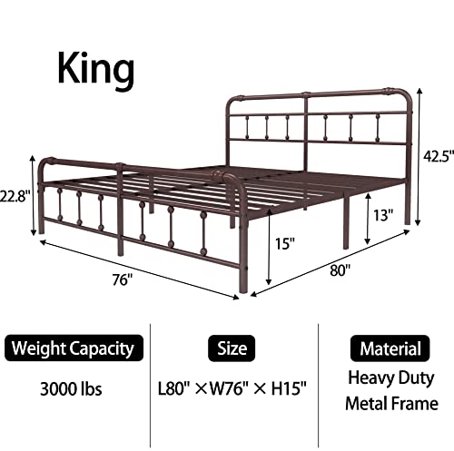 Ponsalion King-Bed-Frame with-Headboard and-Footboard Set - Platform Bed Frame King Size,16 Inches High,no Box Spring Needed,Easy to Assemble(Brown)