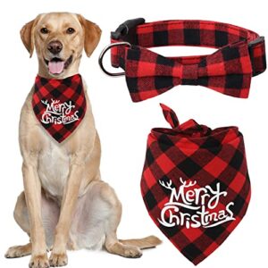 christmas dog bandana and collar set plaid with bow tie dog scarf triangle bibs kerchief adjustable costume accessories for cats dogs pets