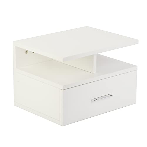 tonchean Floating Nightstand with Drawer, Wall Mounted Nightstand White, Floating Bedside Table Wall Mount Bedside Table Side Table for Bedroom Living Room