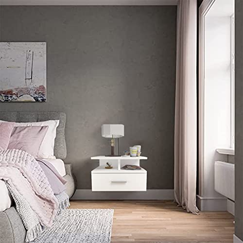 tonchean Floating Nightstand with Drawer, Wall Mounted Nightstand White, Floating Bedside Table Wall Mount Bedside Table Side Table for Bedroom Living Room