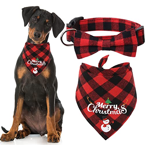 Christmas Dog Bandana and Collar Set Plaid with Bow Tie Dog Scarf Triangle Bibs Kerchief Adjustable Costume Accessories for Cats Dogs Pets