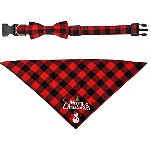 Christmas Dog Bandana and Collar Set Plaid with Bow Tie Dog Scarf Triangle Bibs Kerchief Adjustable Costume Accessories for Cats Dogs Pets