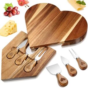 charcuterie boards heart shaped cheese board and knife set, mothers day acacia wood cheese platter small cheese servers home wedding gifts