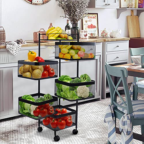 Rotating Kitchen Storage Shelf Rack, Multi-Layer Rotating Organizer Storage Basket, Floor-Standing Rolling Rack Multifunctional Household Shelf for Kitchen,Bedroom,Bathroom,Living Room(5-Tier,37in)