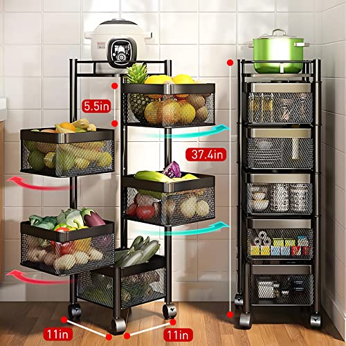 Rotating Kitchen Storage Shelf Rack, Multi-Layer Rotating Organizer Storage Basket, Floor-Standing Rolling Rack Multifunctional Household Shelf for Kitchen,Bedroom,Bathroom,Living Room(5-Tier,37in)