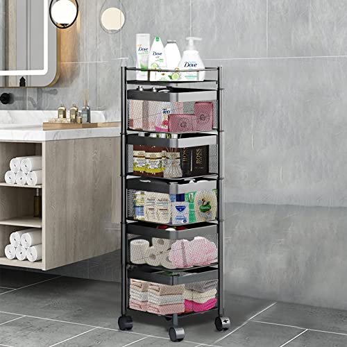 Rotating Kitchen Storage Shelf Rack, Multi-Layer Rotating Organizer Storage Basket, Floor-Standing Rolling Rack Multifunctional Household Shelf for Kitchen,Bedroom,Bathroom,Living Room(5-Tier,37in)