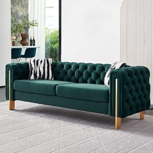 calabash green velvet couch, chesterfield sofa 84 inch living room mid-century modern tufted velvet gold metal legs and 2 throw pillows (green)