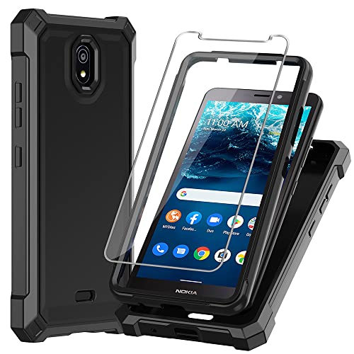 HAIJ for Nokia C100 case, with Tempered Glass Screen Protector 360 Full-Body Soft TPU Bumper Shockproof Silicone Protective Phone Cover Case for Nokia C100 N152DL (Black)