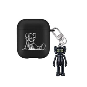 airpod case, cute funny cartoon airpod 1/2 cases protective frosted cover for girls with keychain bear airpod 1/2 case skin. (bear black f)