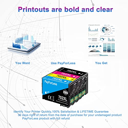 702XL Ink Cartridges for Epson 702XL T702XL to use with Workforce Pro WF-3720 WF-3730 WF-3733 (1 Black, 1 Cyan, 1 Magenta, 1 Yellow)