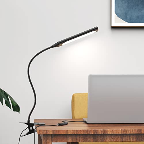 JUANWE LED Desk Lamp Reading Light, Clip on Light, Dimmable Clamp Light with USB Charging Port, 3 Modes & 14 Brightness Levels 5W LED Metal Clip Light, Black