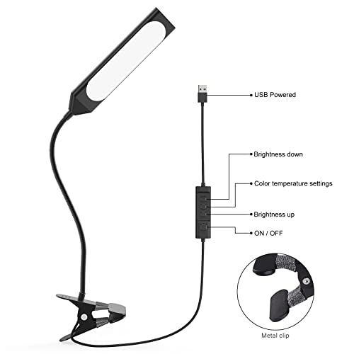 JUANWE LED Desk Lamp Reading Light, Clip on Light, Dimmable Clamp Light with USB Charging Port, 3 Modes & 14 Brightness Levels 5W LED Metal Clip Light, Black