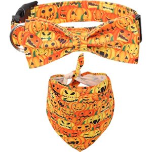 Halloween Thanksgiving Dog Bandana and Collar Set with Bow Tie Dog Scarf Triangle Bibs Kerchief Adjustable Costume Accessories for Cats Dogs Pets