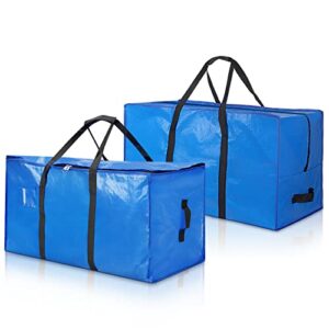 2Pack Heavy Duty Extra Large Moving Bags, Big Blue Moving Storage Bags, Packing Totes for Moving, with Zippers & Handles Waterproof Organizer, for Blanket Comforter Clothing Storage, Moving Supplies