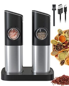 senzer gravity electric salt and pepper grinder set, automatic pepper mill refillable spice grinder with led light charging base for kitchen 2 pack