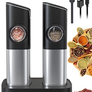 SENZER Gravity Electric Salt and Pepper Grinder Set, Automatic Pepper Mill Refillable Spice Grinder with LED Light Charging Base for Kitchen 2 Pack