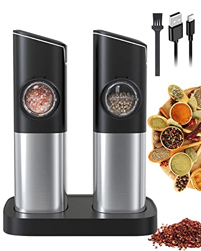 SENZER Gravity Electric Salt and Pepper Grinder Set, Automatic Pepper Mill Refillable Spice Grinder with LED Light Charging Base for Kitchen 2 Pack