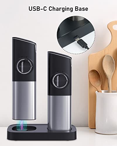 SENZER Gravity Electric Salt and Pepper Grinder Set, Automatic Pepper Mill Refillable Spice Grinder with LED Light Charging Base for Kitchen 2 Pack