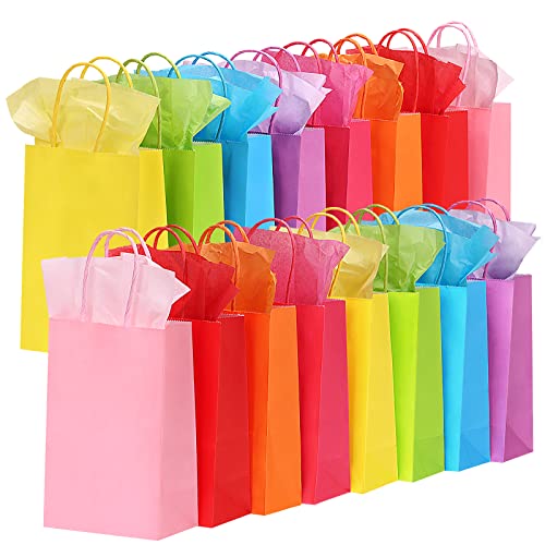 Moretoes 40pcs Gift Bags with 80 Tissues Papers, 8 Colors Bulk Party Favor Bags with Handles, Small Size Rainbow Gift Bags for Wedding, Baby Shower, Birthday, Party Supplies and Gifts