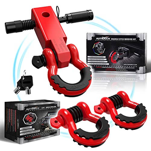 AUTMATCH Shackles 3/4" D Ring Shackle and Shackle Hitch Receiver 2 Inch with 5/8" Trailer Hitch Lock Pin, 45,000 Lbs Break Strength Heavy Duty Receiver Kit for Vehicle, Red