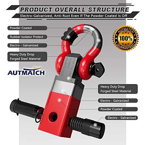 AUTMATCH Shackles 3/4" D Ring Shackle and Shackle Hitch Receiver 2 Inch with 5/8" Trailer Hitch Lock Pin, 45,000 Lbs Break Strength Heavy Duty Receiver Kit for Vehicle, Red