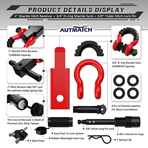 AUTMATCH Shackles 3/4" D Ring Shackle and Shackle Hitch Receiver 2 Inch with 5/8" Trailer Hitch Lock Pin, 45,000 Lbs Break Strength Heavy Duty Receiver Kit for Vehicle, Red