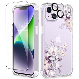 gviewin case compatible with iphone 14 plus 6.7 inch,with screen protector + camera lens protector, clear flower shockproof soft protective floral designed women phone cover, 2022 (aster/purple)