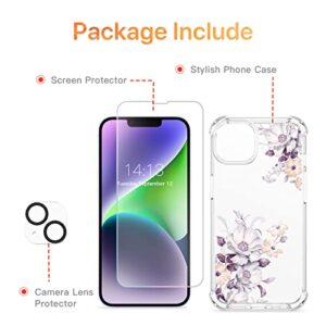 GVIEWIN Case Compatible with iPhone 14 Plus 6.7 Inch,with Screen Protector + Camera Lens Protector, Clear Flower Shockproof Soft Protective Floral Designed Women Phone Cover, 2022 (Aster/Purple)