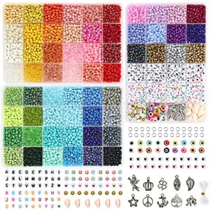 quefe 9000pcs 4mm glass seed beads for bracelet making kit, 60 colors tiny beads with 420pcs letter, heart and evil eye beads for bracelets necklace ring making, diy, art and craft gifts