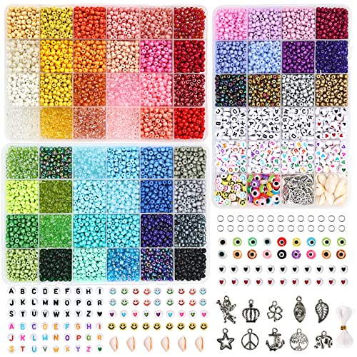 QUEFE 9000pcs 4mm Glass Seed Beads for Bracelet Making Kit, 60 Colors Tiny Beads with 420pcs Letter, Heart and Evil Eye Beads for Bracelets Necklace Ring Making, DIY, Art and Craft Gifts