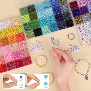QUEFE 9000pcs 4mm Glass Seed Beads for Bracelet Making Kit, 60 Colors Tiny Beads with 420pcs Letter, Heart and Evil Eye Beads for Bracelets Necklace Ring Making, DIY, Art and Craft Gifts