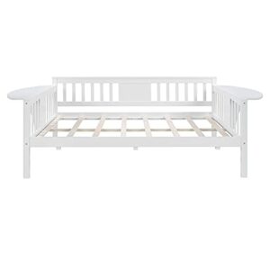 UBGO Full Daybed, Wood Size Sofa Bed with 2 Folding Tables, Children's Cot, Bedroom Living Room Furniture, Wooden Slat Support, Box Required, White C