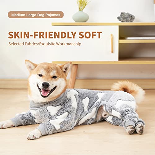 Plush Dog Pajamas for Cold Weather 4 Legs Clothes Dog Stretch Good Fit Fit Medium and Large Dog Onesie Warm Soft Pet Romper Winter (XL, Gray)