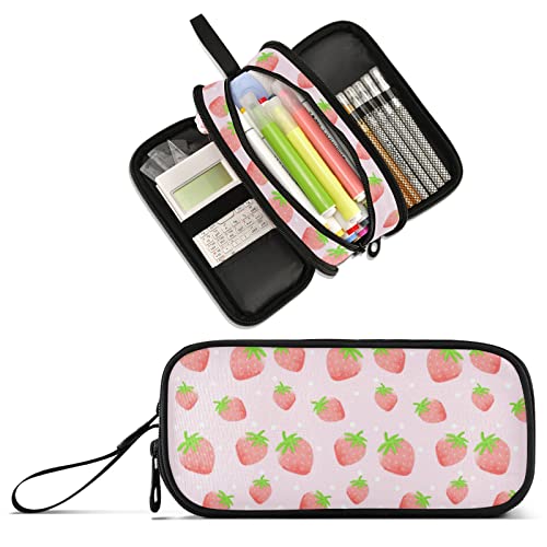 XUWU Pink Strawberry Large Capacity Pencil Case 3 Compartments Big Storage Pouch Desk Organizer Stationery Makeup Bag Marker Pen Case for Teen Boys Girls School Students