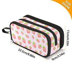 XUWU Pink Strawberry Large Capacity Pencil Case 3 Compartments Big Storage Pouch Desk Organizer Stationery Makeup Bag Marker Pen Case for Teen Boys Girls School Students