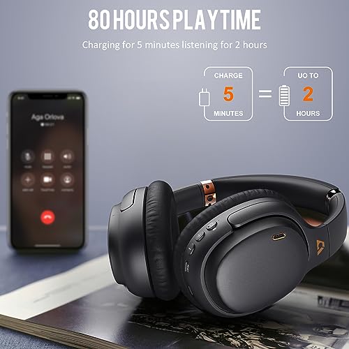 Active Noise Cancelling Headphones E600Pro, 80Hours Playtime Wireless Headphone with aptX Low Latency, Bluetooth Headphones with Built-in Microphone, Deep Bass Over-Ear Headphones (Black)