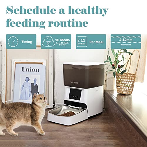 Automatic Cat Feeder, WHDPETS WiFi Enabled Smart Pet Feeder for Cats & Dogs, Auto Cat Food Dispenser with Stainless Steel Bowl, Silicone Dog Bowl, Feeding Mat, APP Control, 10s Voice Recorder