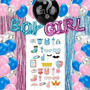 gender reveal decorations, gender reveal party supplies, gender reveal balloon kit include 36 inch gender reveal balloon, blue and pink balloon, girl & boy cake topper, girl & boy photo booth props