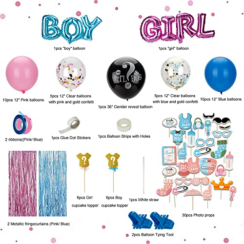 Gender Reveal Decorations, Gender Reveal Party Supplies, Gender Reveal Balloon Kit Include 36 Inch Gender Reveal Balloon, Blue and Pink Balloon, Girl & Boy Cake Topper, Girl & Boy Photo Booth Props