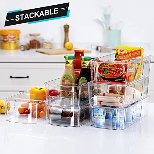Set of 8 Multiuse Clear Organizing Bins with Removable Dividers - Snack, Food, Pantry Organization and Storage - Fridge Refrigerator Organizer Bins - Stackable Plastic Container for Home, Kitchen, RV