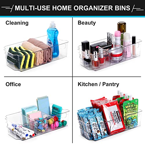 Set of 8 Multiuse Clear Organizing Bins with Removable Dividers - Snack, Food, Pantry Organization and Storage - Fridge Refrigerator Organizer Bins - Stackable Plastic Container for Home, Kitchen, RV