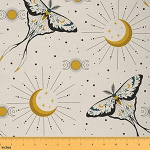 moth fabric by the yard, halloween gothic upholstery fabric, sun moon decorative fabric, starry sky galaxy geometric dot indoor outdoor fabric, diy art waterproof fabric, yellow black, 1 yard