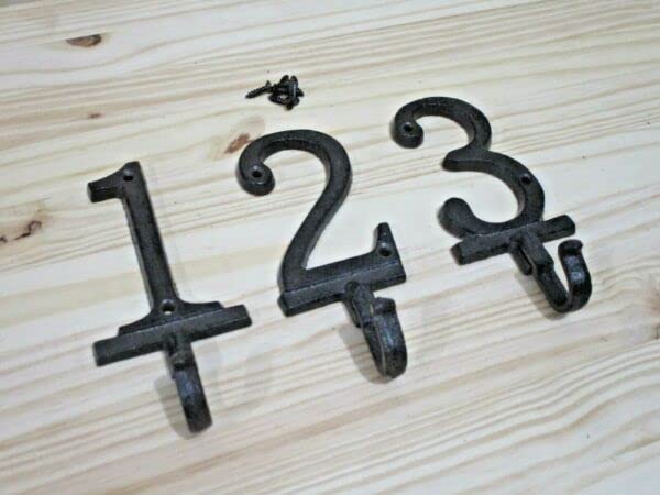 3 Cast Iron Coat Hooks 1 2 3 Numbers Numbered Rustic Hallway Entryway Old Style for Mudroom, Coat Hook, Purse Rack, Hat Hooks