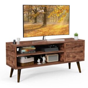 retro tv stand with storage cabinet for tvs up to 55 inch, tv console for media, mid century modern tv stand & entertainment center, wooden tv stand for living room/bedroom, walnut, aprts01wn