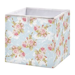 ollabaky floral pink roses cube storage bin fabric foldable storage cube basket cloth organizer box with handle for closet shelves, nursery storage toy bin, s