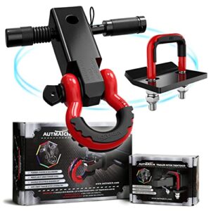 autmatch shackle hitch receiver 2 inch with hitch tightener anti-rattle clamp, 3/4" d ring shackle and 5/8" trailer hitch lock pin, heavy duty receiver kit for vehicle recovery, red & black