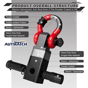 AUTMATCH Shackle Hitch Receiver 2 Inch with Hitch Tightener Anti-Rattle Clamp, 3/4" D Ring Shackle and 5/8" Trailer Hitch Lock Pin, Heavy Duty Receiver Kit for Vehicle Recovery, Red & Black