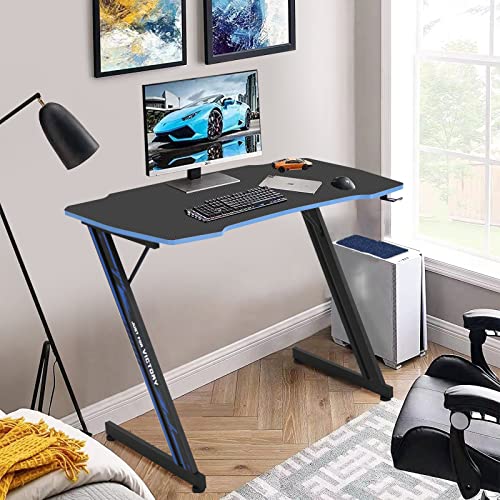 XXkseh 39 inch Computer Gaming Desk Z Shaped Gaming PC Desk Ergonomic Gaming Table with Headphone Hook, Carbon Fiber Home Office Desk for Student/Teen Gamer, Gaming Workstation Easy Assembly…