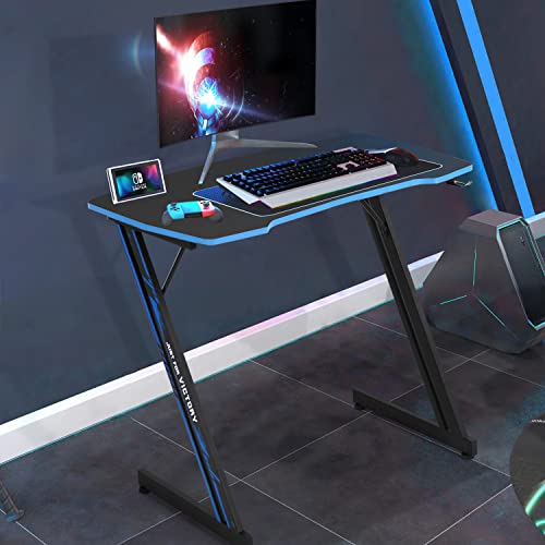 XXkseh 39 inch Computer Gaming Desk Z Shaped Gaming PC Desk Ergonomic Gaming Table with Headphone Hook, Carbon Fiber Home Office Desk for Student/Teen Gamer, Gaming Workstation Easy Assembly…