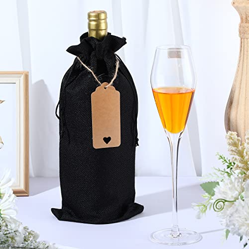 Nuogo 100 Pcs Black Burlap Wine Bag with Drawstring Bulk Reusable Gift Bags, Bags for Bottles Gifts Bottle Tags Wedding Birthday Blind Tasting Christmas Party Home